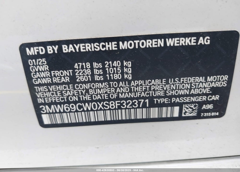 2025 BMW 3 SERIES VIN: 3MW69CW0XS8F32371