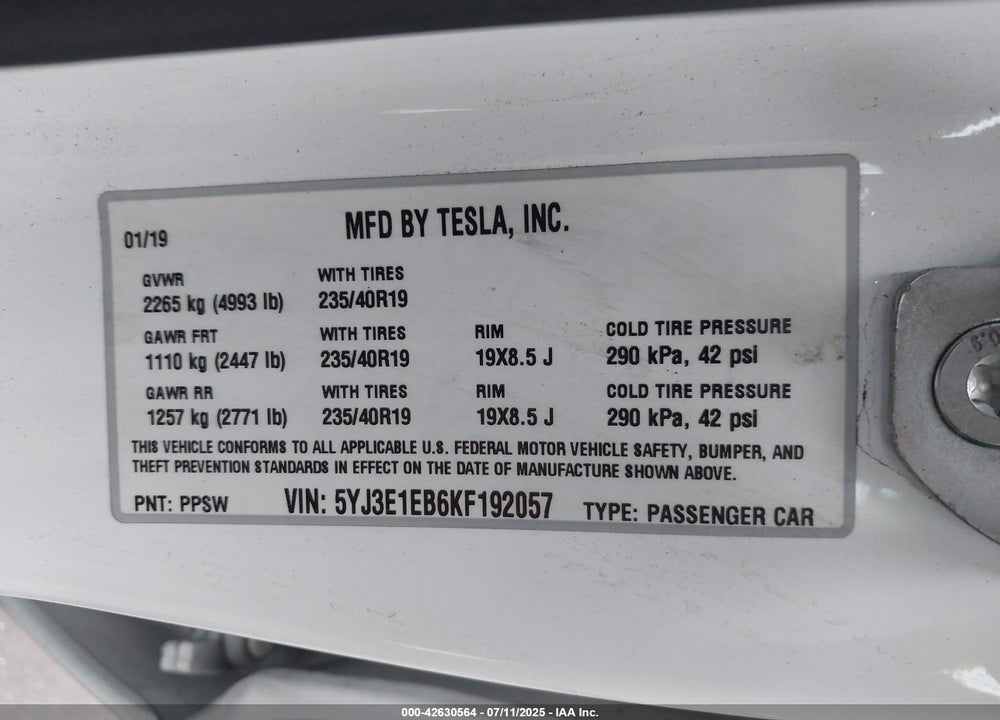 2019 TESLA MODEL 3 VIN: 5YJ3E1EB6KF192057