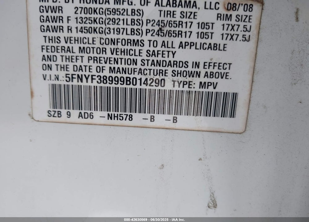 2009 HONDA PILOT VIN: 5FNYF38999B014290