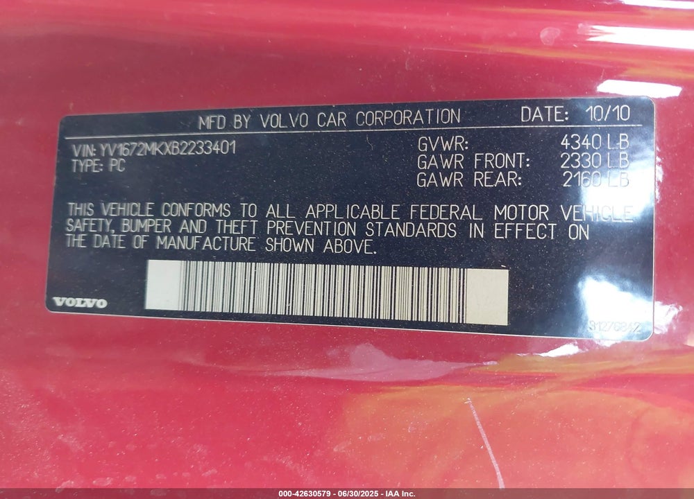 2011 VOLVO C30 VIN: YV1672MKXB2233401