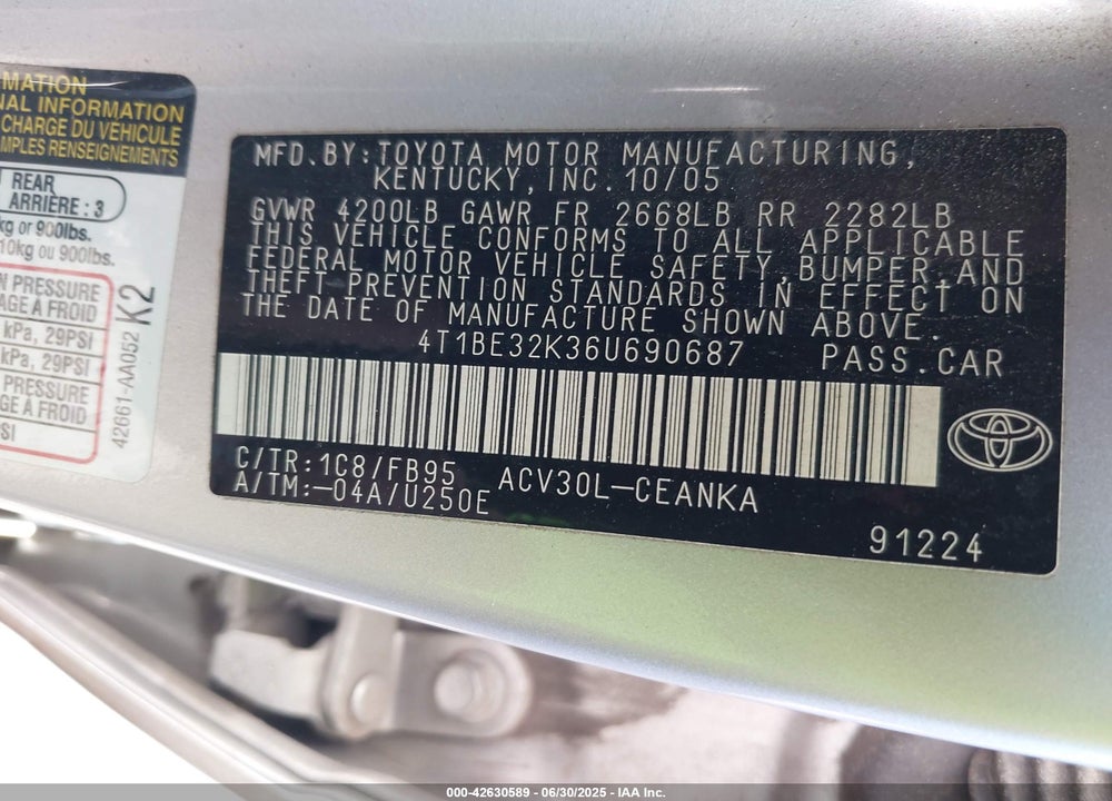 2006 TOYOTA CAMRY LE VIN: 4T1BE32K36U690687