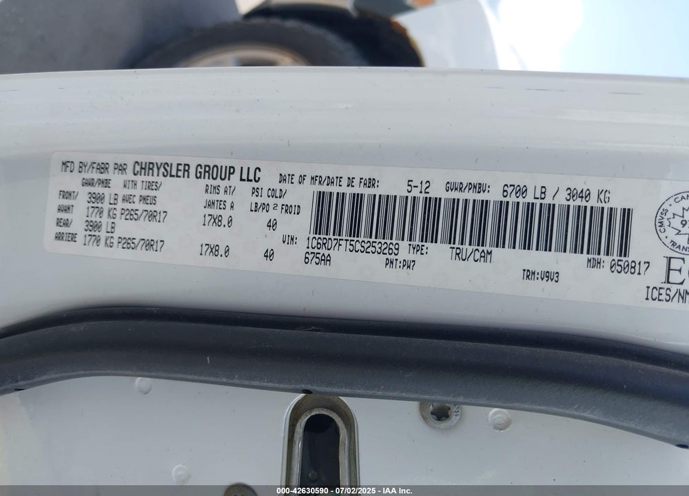 2012 RAM 1500 VIN: 1C6RD7FT5CS253269