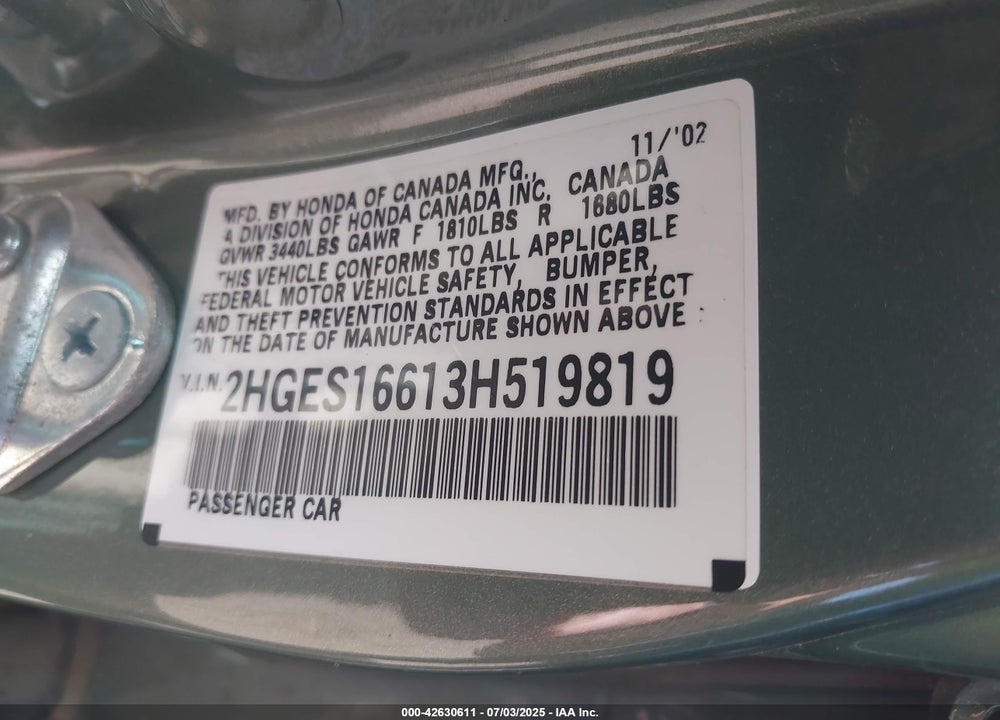 2003 HONDA CIVIC LX VIN: 2HGES16613H519819