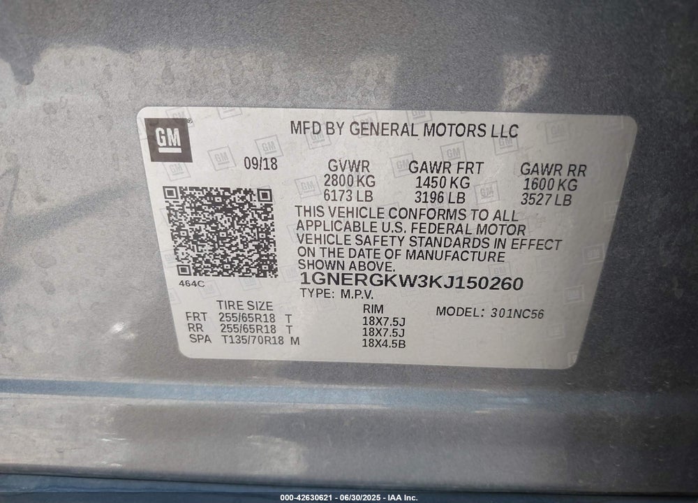 2019 CHEVROLET TRAVERSE VIN: 1GNERGKW3KJ150260