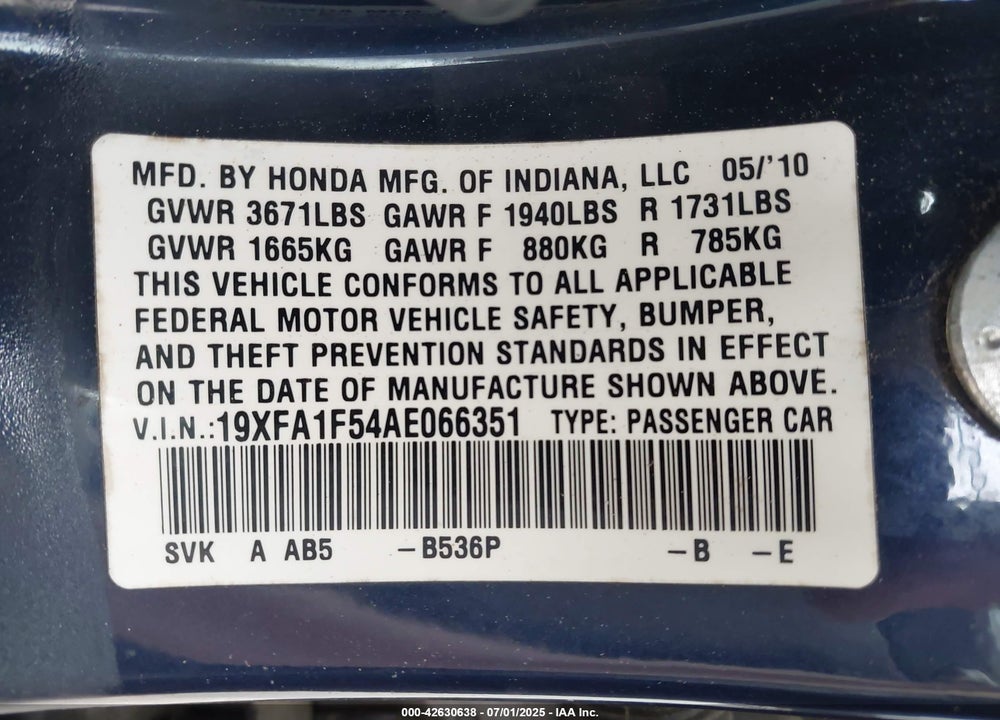 2010 HONDA CIVIC VIN: 19XFA1F54AE066351