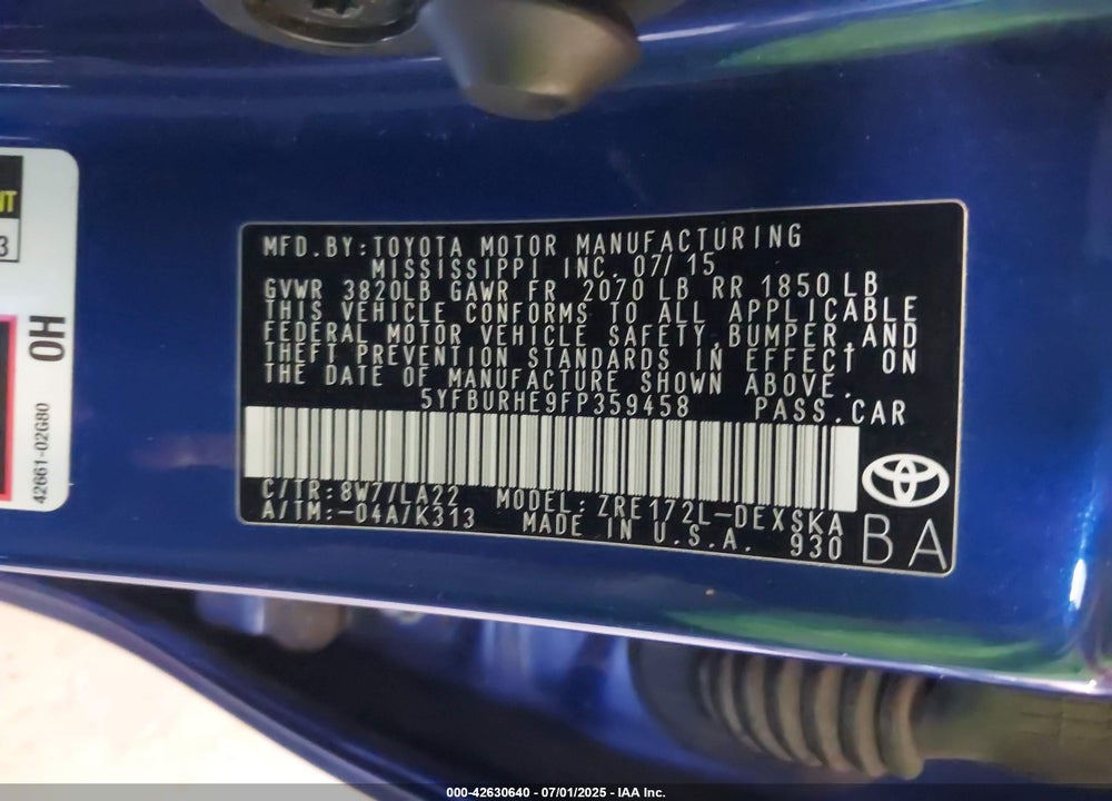 2015 TOYOTA COROLLA VIN: 5YFBURHE9FP359458