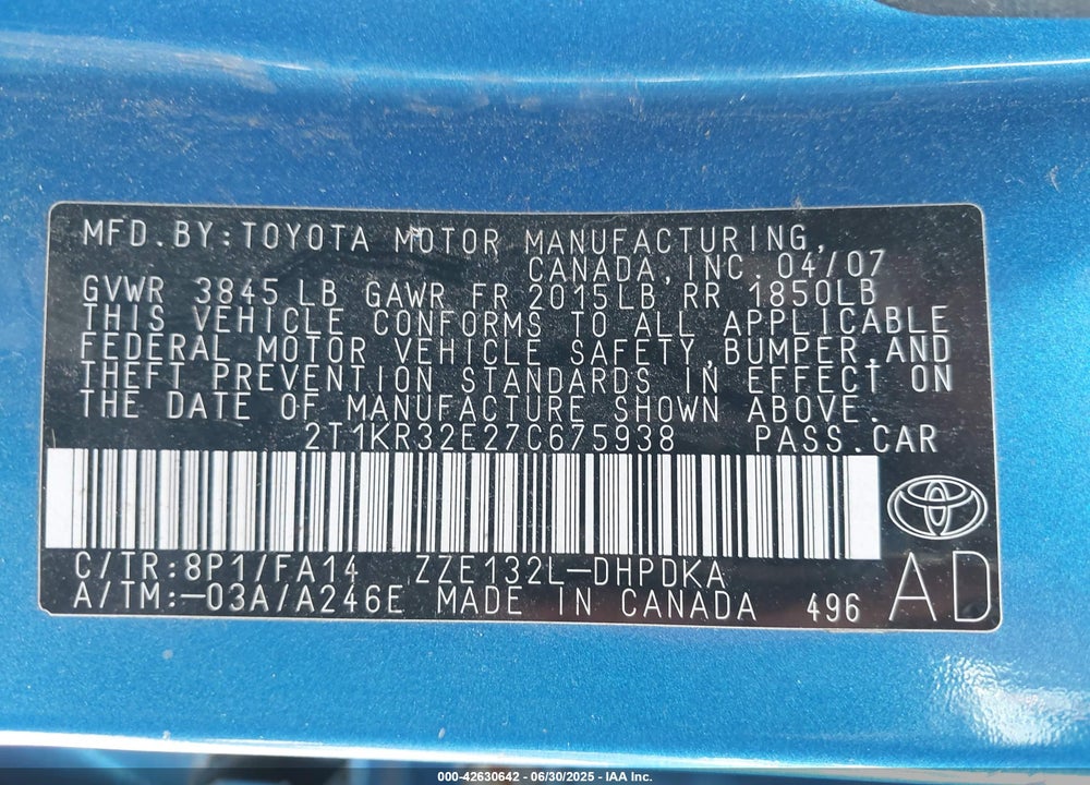 2007 TOYOTA MATRIX VIN: 2T1KR32E27C675938