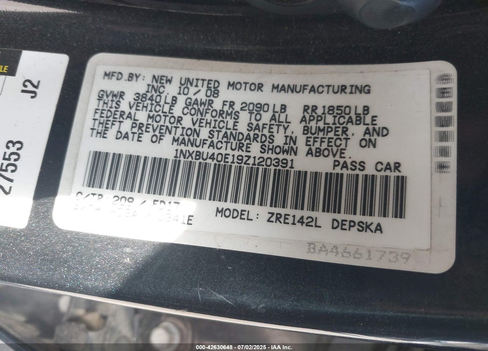 2009 TOYOTA COROLLA VIN: 1NXBU40E19Z120391