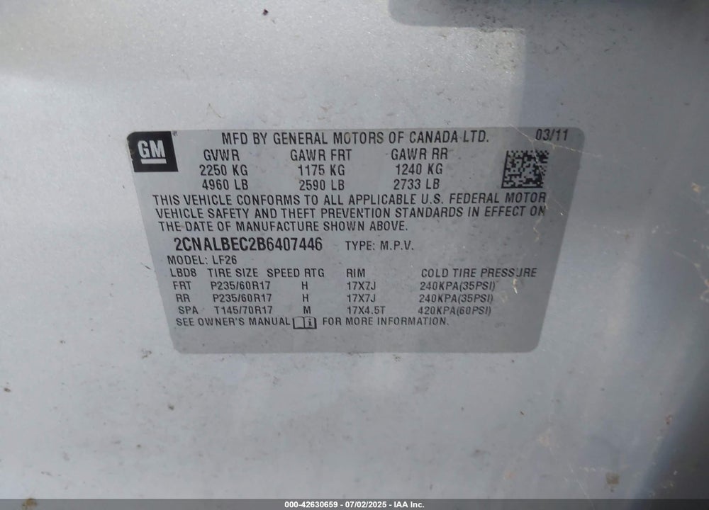 2011 CHEVROLET EQUINOX LS VIN: 2CNALBEC2B6407446