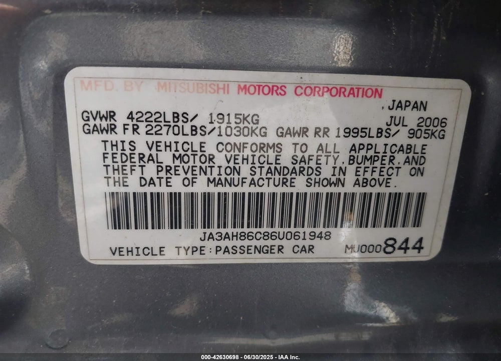 2006 MITSUBISHI LANCER EVOLUTION IX/MR VIN: JA3AH86C86U061948