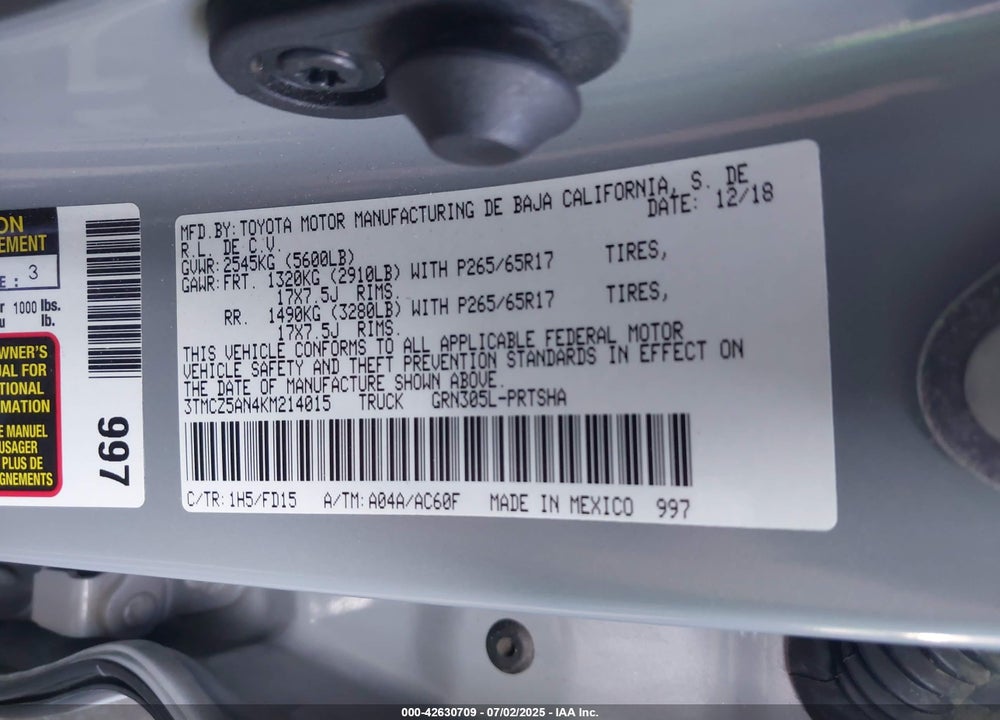 2019 TOYOTA TACOMA VIN: 3TMCZ5AN4KM214015