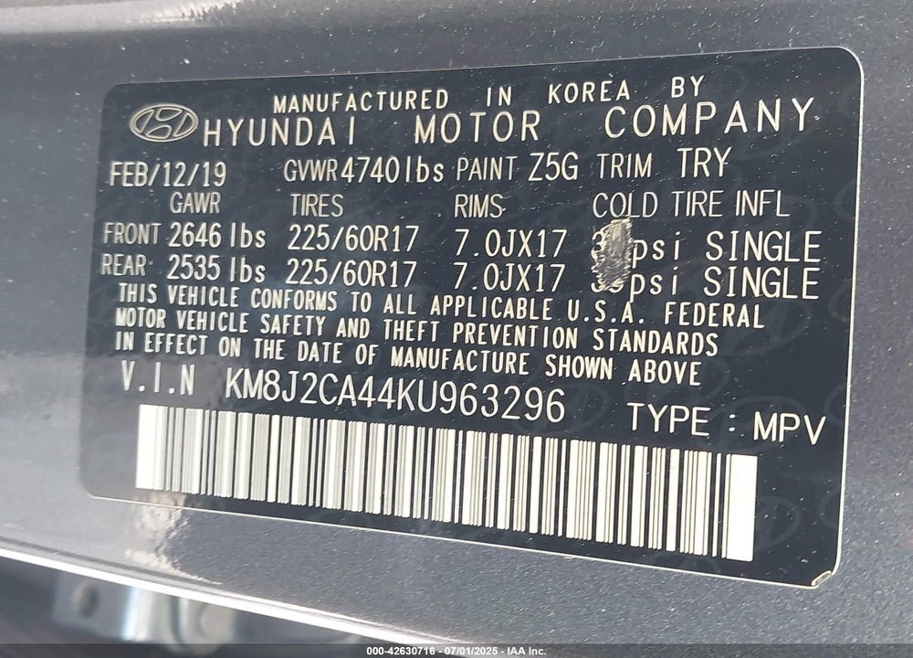 2019 HYUNDAI TUCSON VIN: KM8J2CA44KU963296