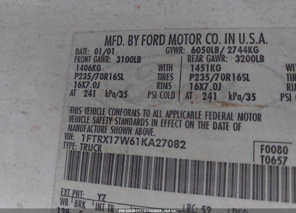 2001 FORD F-150 LARIAT/XL/XLT VIN: 1FTRX17W61KA27082