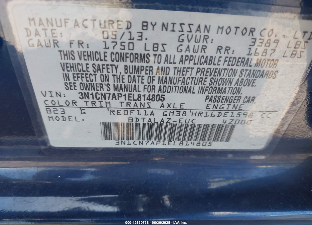 2014 NISSAN VERSA VIN: 3N1CN7AP1EL814805