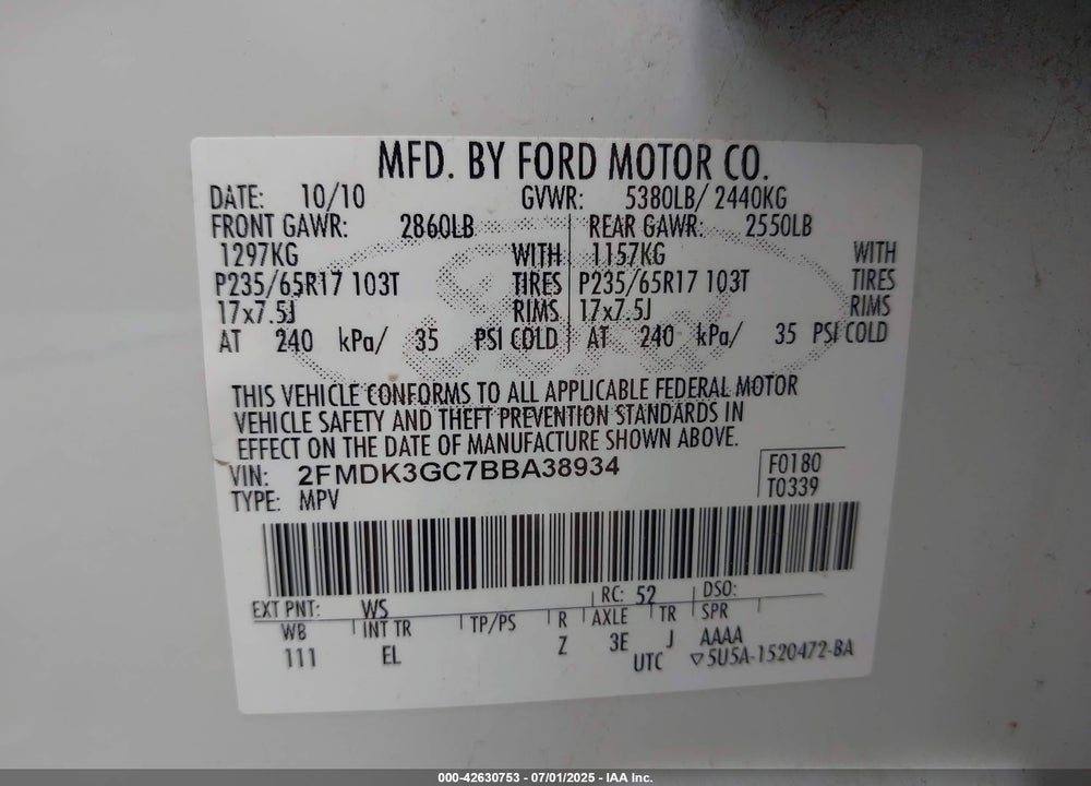 2011 FORD EDGE VIN: 2FMDK3GC7BBA38934