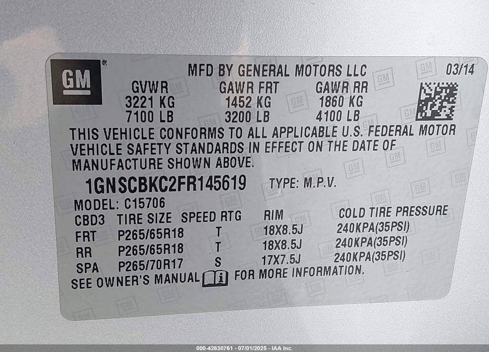 2015 CHEVROLET TAHOE VIN: 1GNSCBKC2FR145619