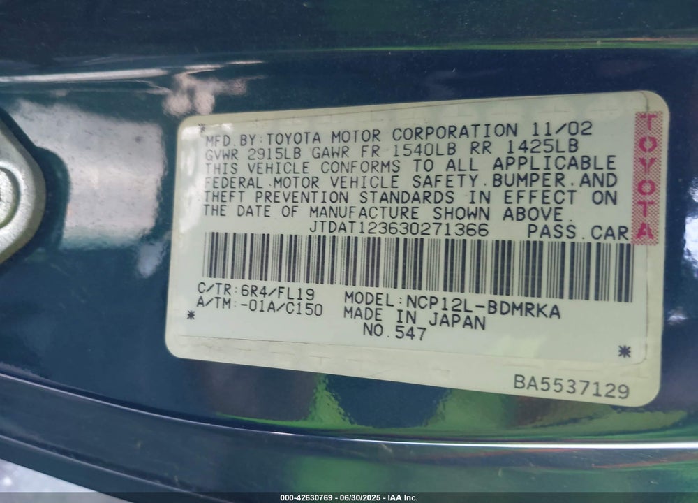 2003 TOYOTA ECHO VIN: JTDAT123630271366