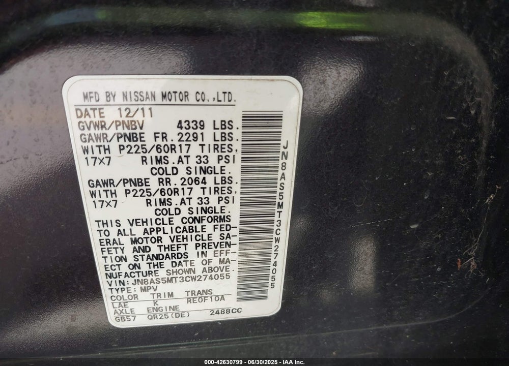 2012 NISSAN ROGUE VIN: JN8AS5MT3CW274055