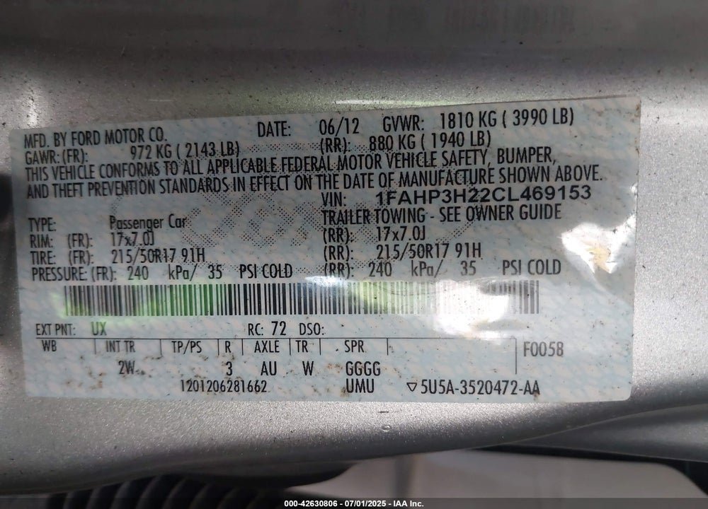 2012 FORD FOCUS VIN: 1FAHP3H22CL469153