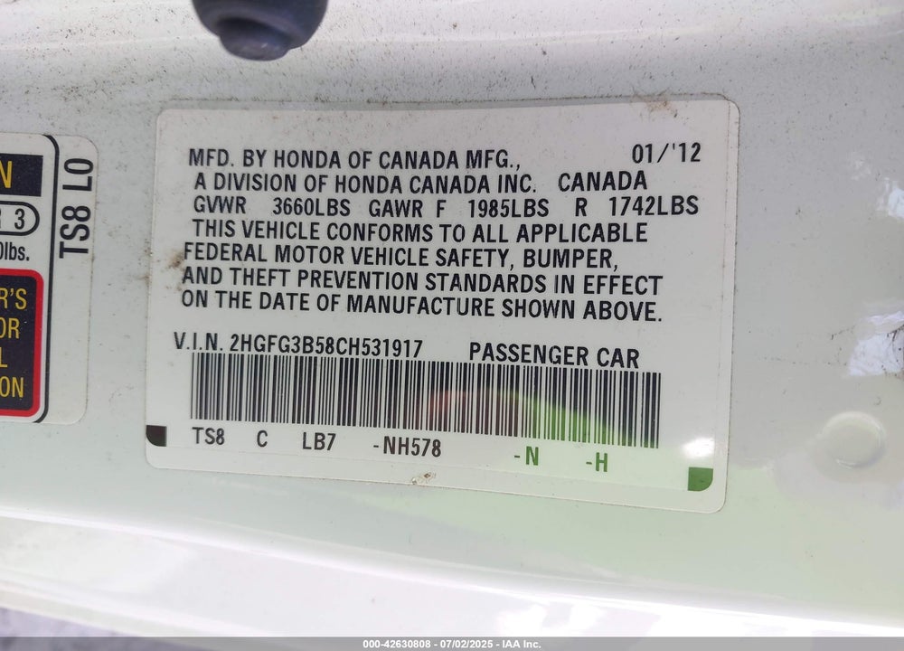 2012 HONDA CIVIC VIN: 2HGFG3B58CH531917