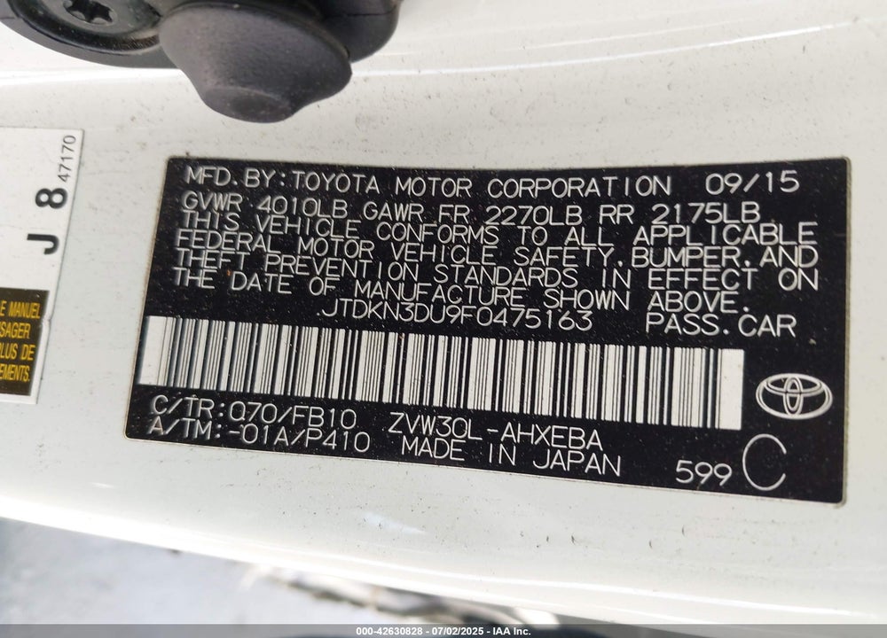 2015 TOYOTA PRIUS VIN: JTDKN3DU9F0475163