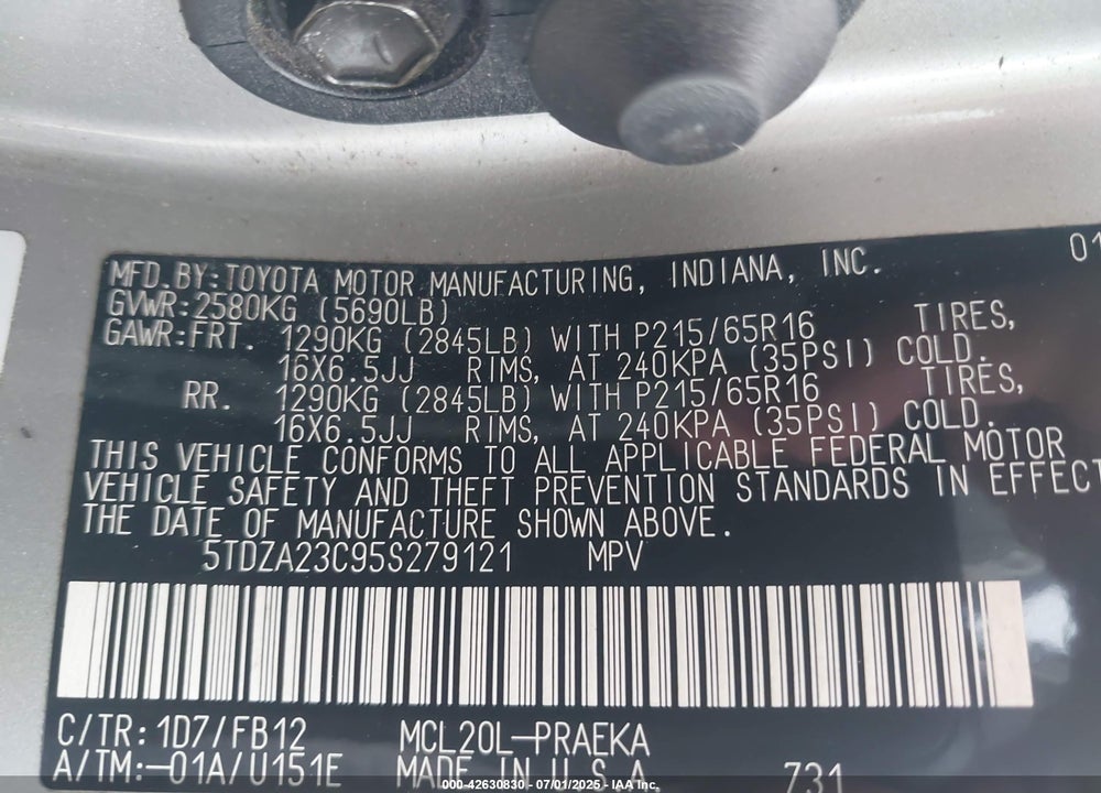 2005 TOYOTA SIENNA VIN: 5TDZA23C95S279121