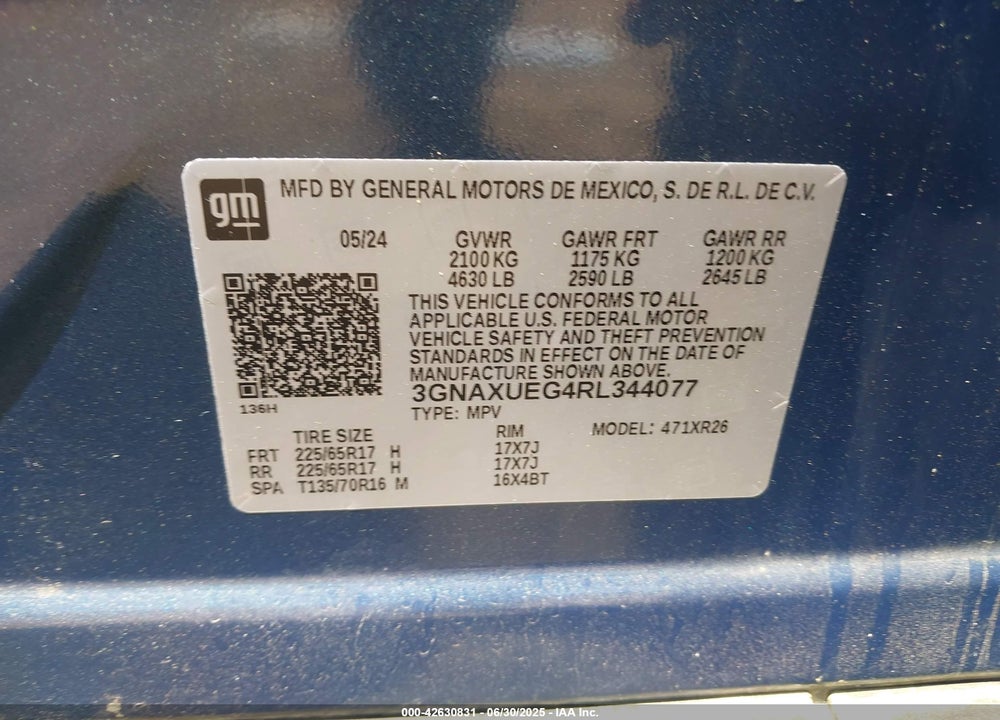 2024 CHEVROLET EQUINOX VIN: 3GNAXUEG4RL344077