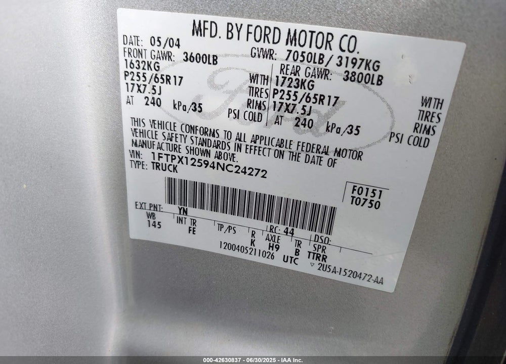 2004 FORD F-150 LARIAT/XL/XLT VIN: 1FTPX12594NC24272