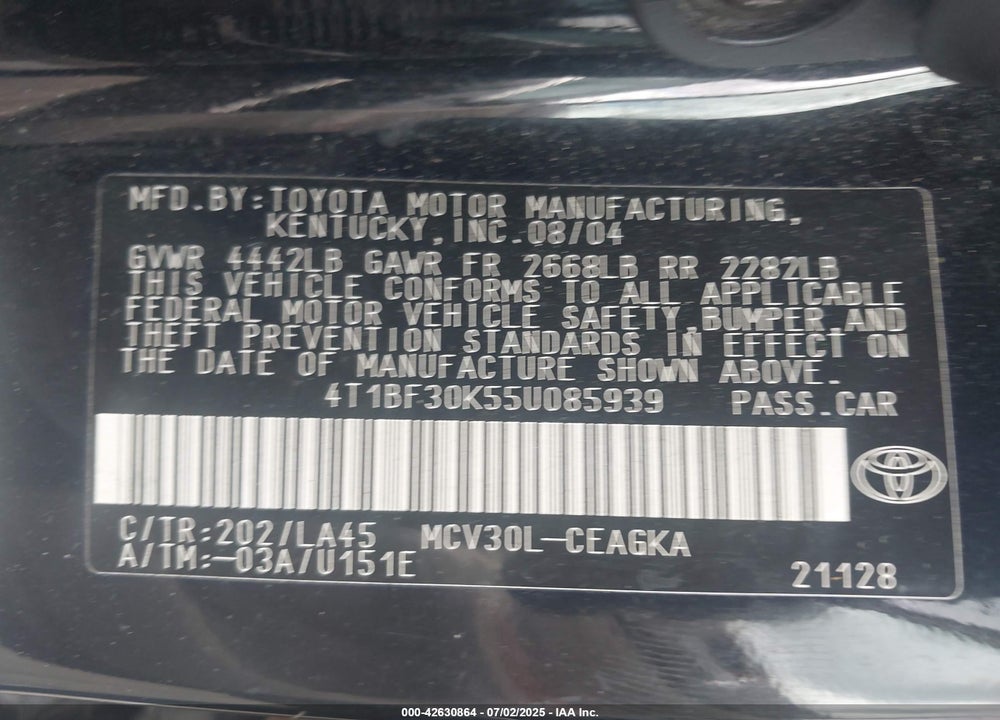 2005 TOYOTA CAMRY XLE V6 VIN: 4T1BF30K55U085939
