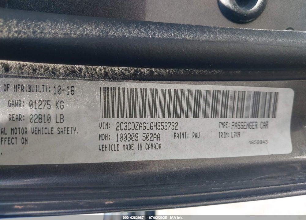 2016 DODGE CHALLENGER VIN: 2C3CDZAG1GH353732