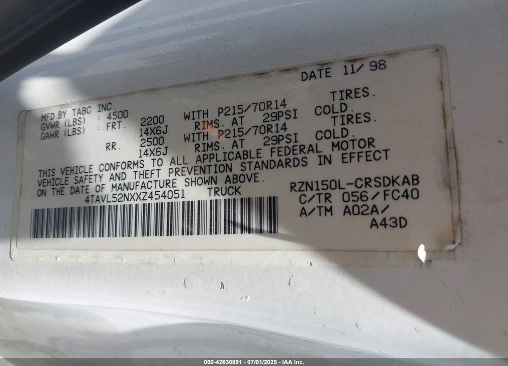 1999 TOYOTA TACOMA VIN: 4TAVL52NXXZ454051