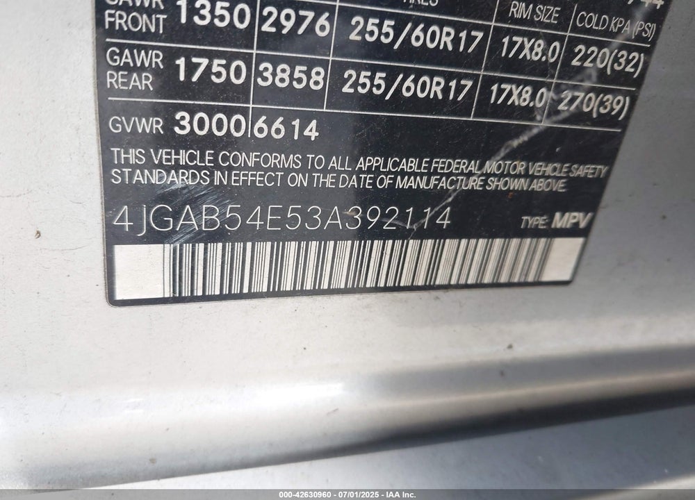 2003 MERCEDES-BENZ ML 320 VIN: 4JGAB54E53A392114