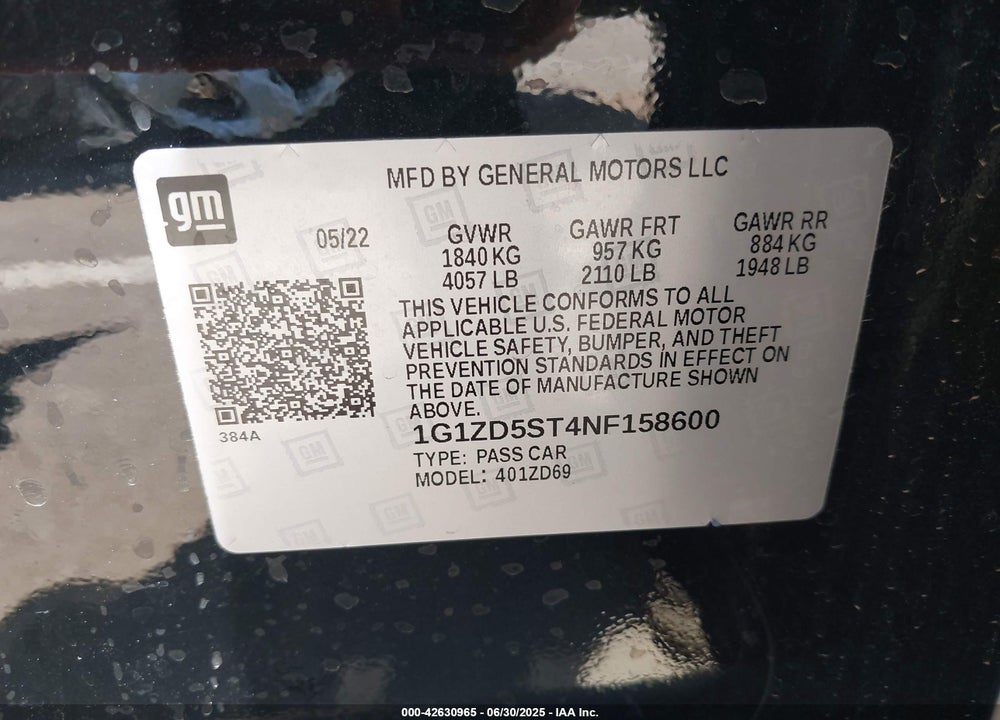 2022 CHEVROLET MALIBU VIN: 1G1ZD5ST4NF158600