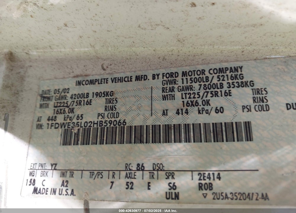 2002 FORD E-350 CUTAWAY STANDARD VIN: 1FDWE35L02HB59066