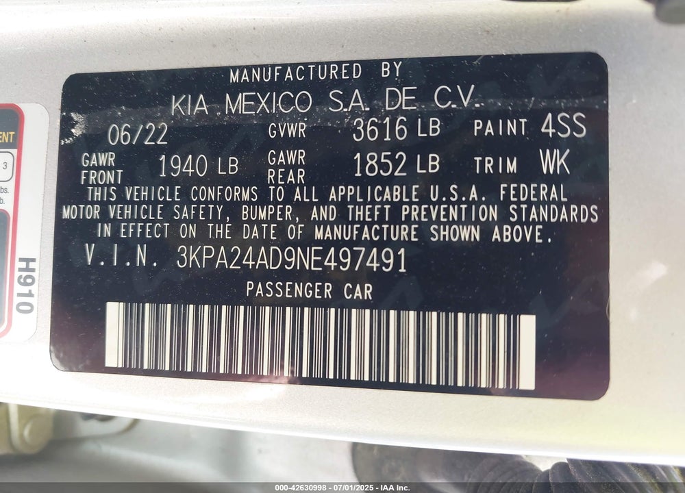 2022 KIA RIO VIN: 3KPA24AD9NE497491