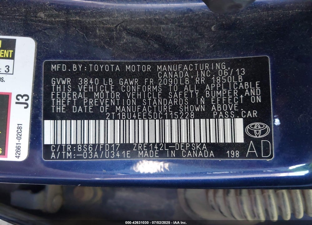 2013 TOYOTA COROLLA S VIN: 2T1BU4EE5DC115228