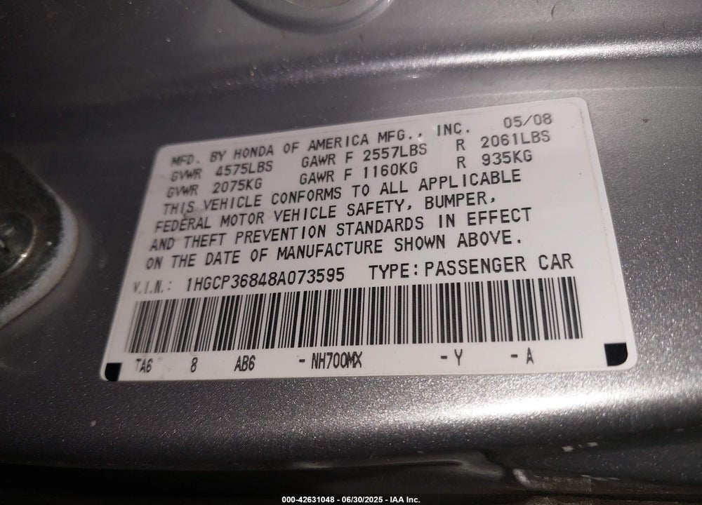 2008 HONDA ACCORD VIN: 1HGCP36848A073595