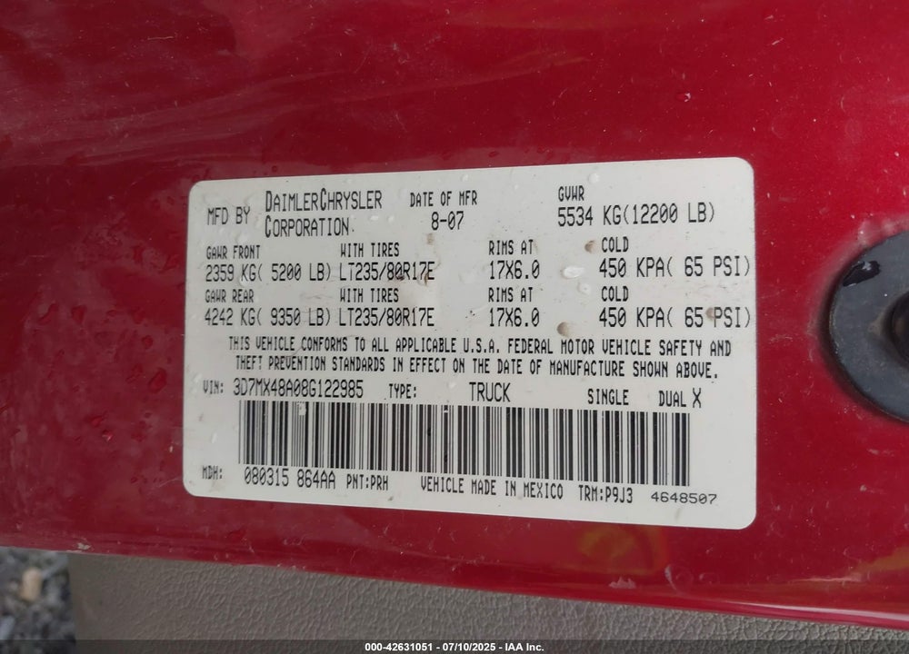 2008 DODGE RAM 3500 SLT VIN: 3D7MX48A08G122985