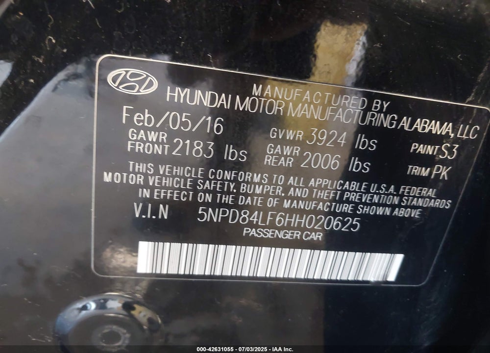 2017 HYUNDAI ELANTRA VIN: 5NPD84LF6HH020625