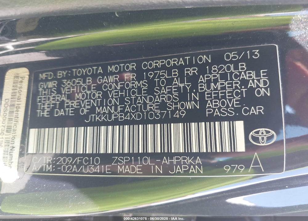 2013 TOYOTA SCION XD VIN: JTKKUPB4XD1037149