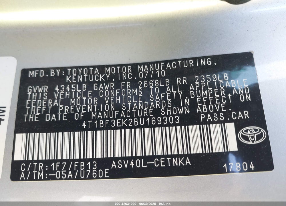 2011 TOYOTA CAMRY VIN: 4T1BF3EK2BU169303