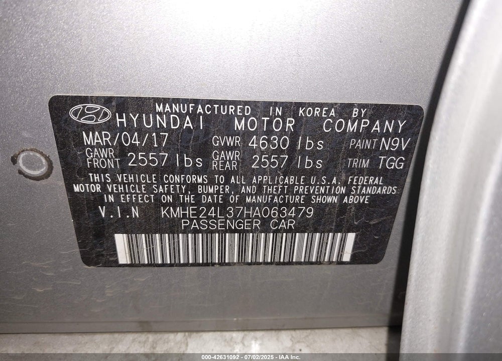2017 HYUNDAI SONATA HYBRID VIN: KMHE24L37HA063479