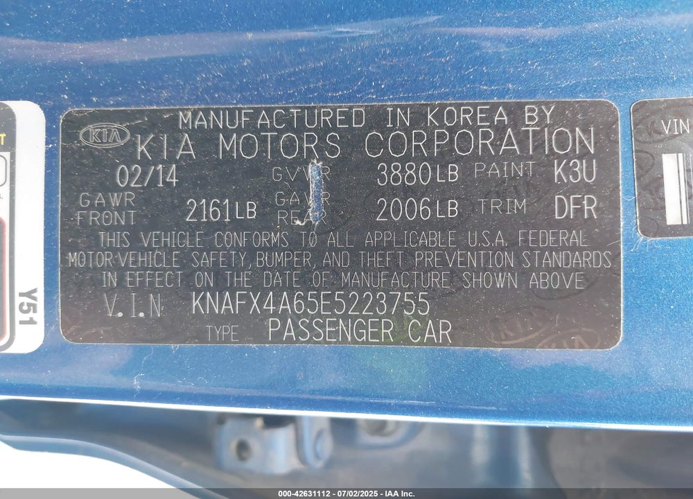 2014 KIA FORTE VIN: KNAFX4A65E5223755