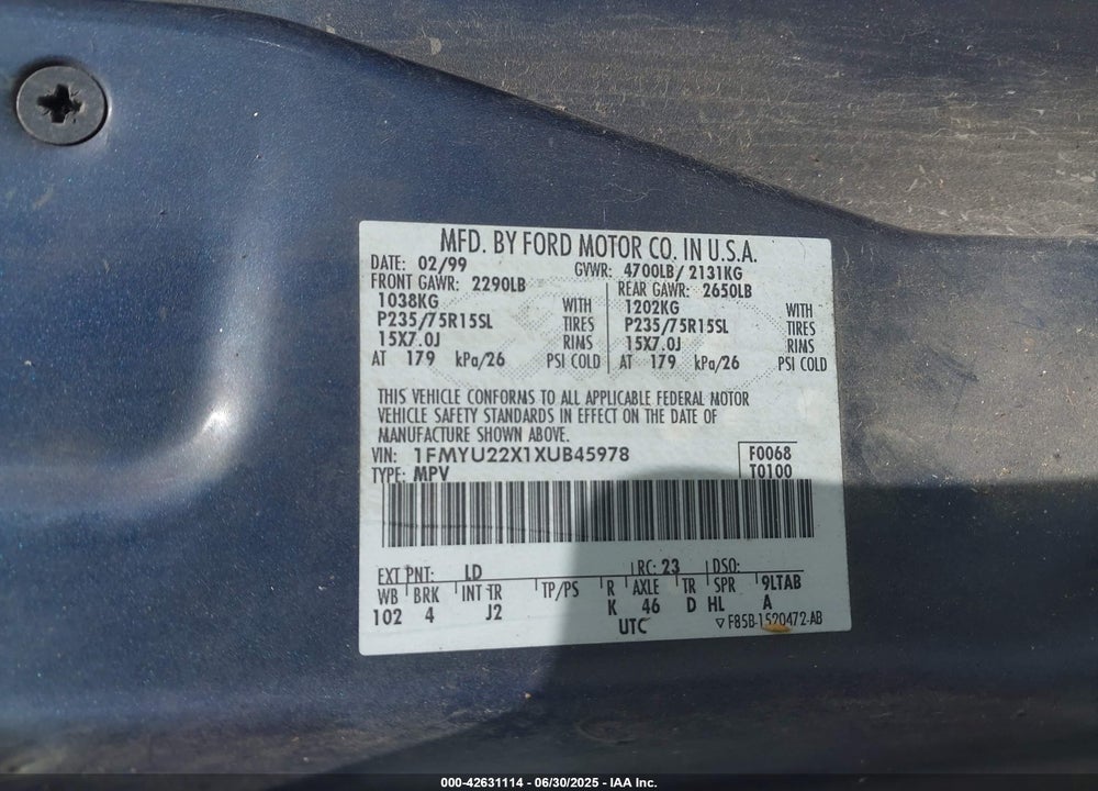 1999 FORD EXPLORER SPORT VIN: 1FMYU22X1XUB45978