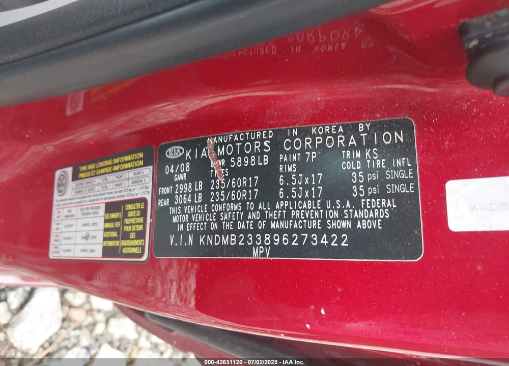 2009 KIA SEDONA EX VIN: KNDMB233896273422