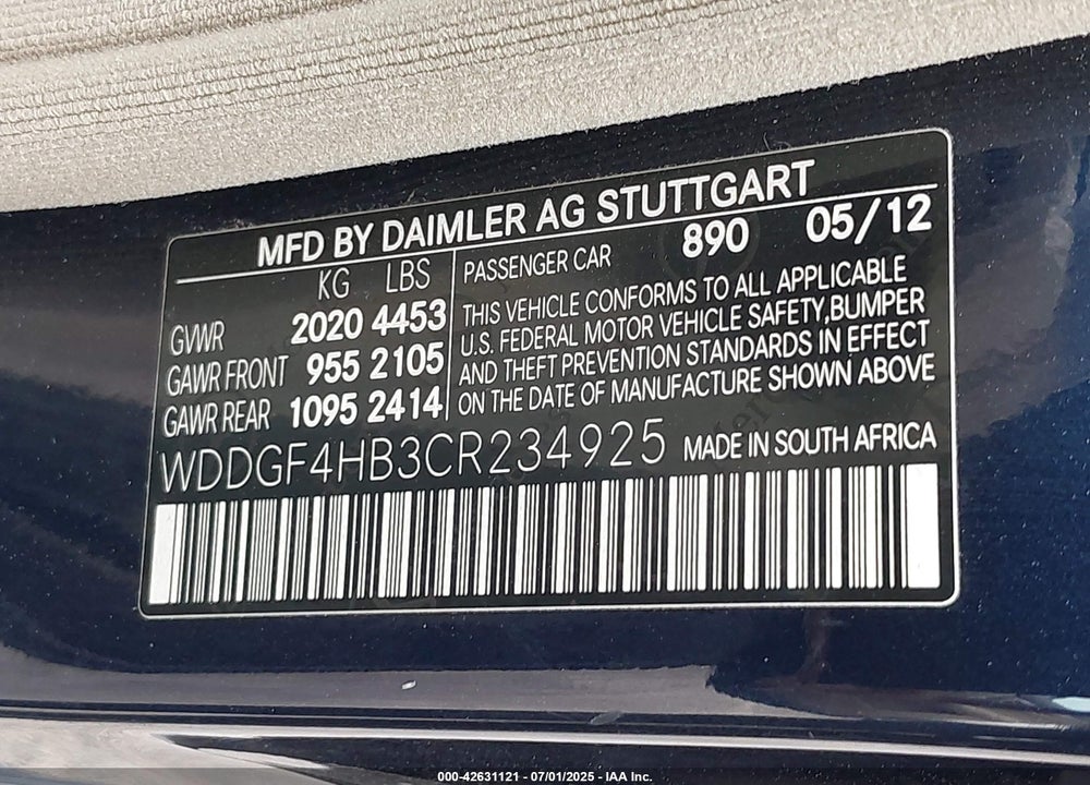 2012 MERCEDES-BENZ C CLASS VIN: WDDGF4HB3CR234925