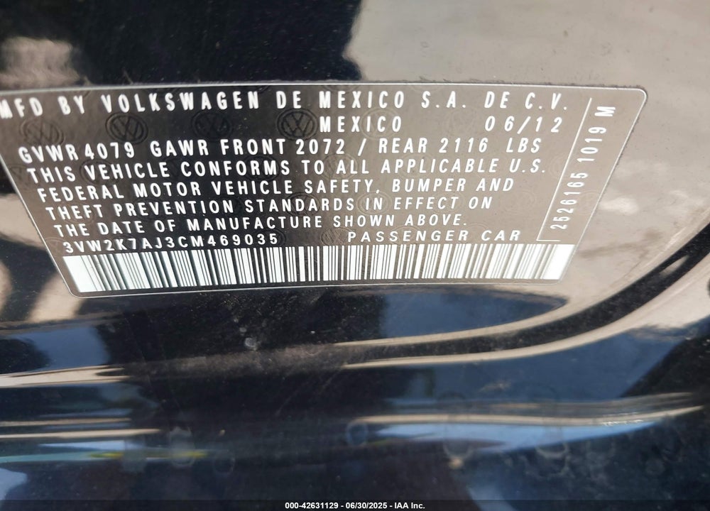 2012 VOLKSWAGEN JETTA VIN: 3VW2K7AJ3CM469035