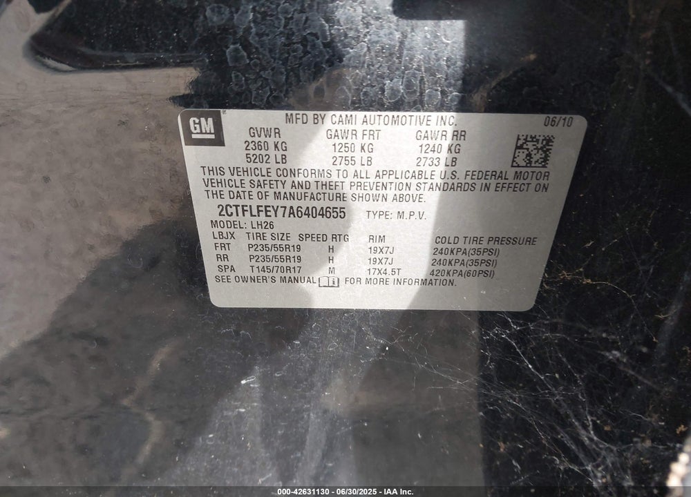 2010 GMC TERRAIN VIN: 2CTFLFEY7A6404655
