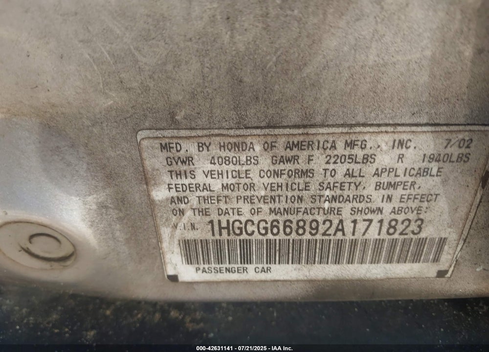 2002 HONDA ACCORD 2.3 EX/2.3 SE VIN: 1HGCG66892A171823
