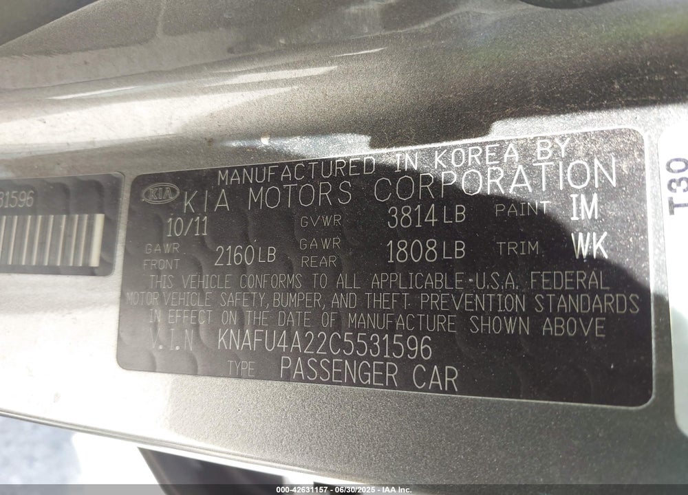 2012 KIA FORTE VIN: KNAFU4A22C5531596